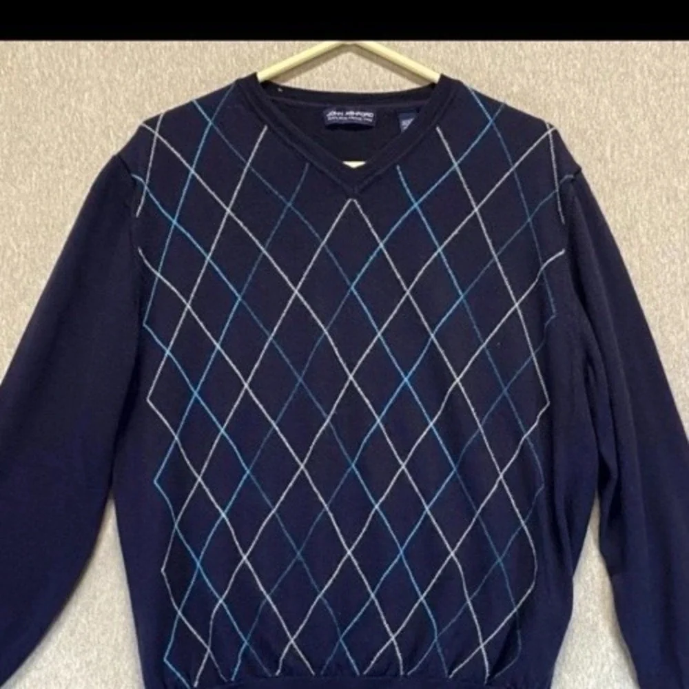 John Ashford Extra Fine Sweater Mens XL Blue Argyle Print Merino Wool V Neck